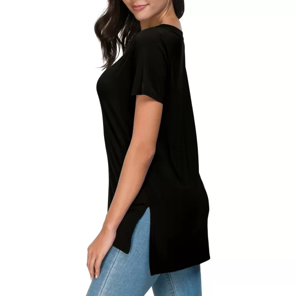 Herou Summer Women Casual Short Sleeve Tops TShirts Tees with Side SplitVblack