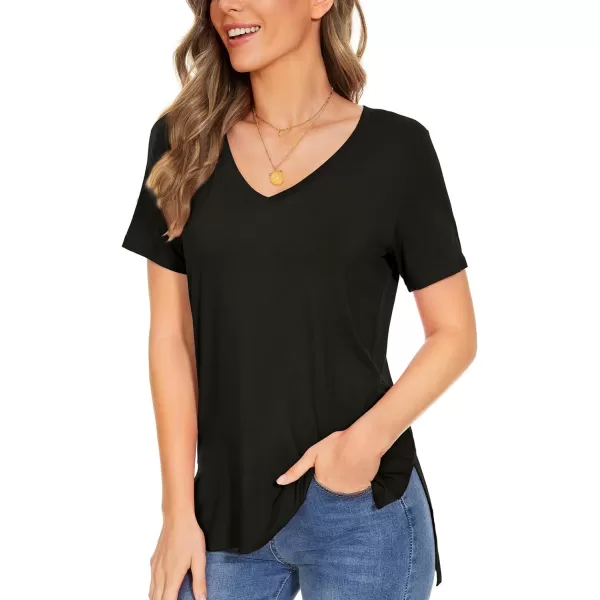 Herou Summer Women Casual Short Sleeve Tops TShirts Tees with Side SplitVblack