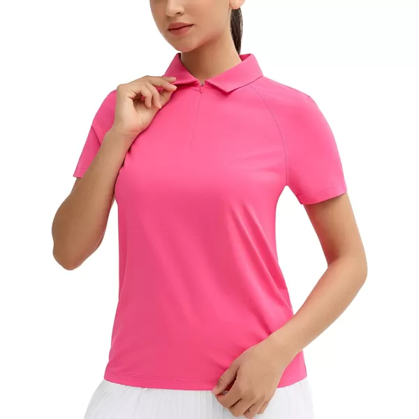 THE GYM PEOPLE Womens Short Sleeve Polo Shirts Zip Up Quick Dry Breathable Collared Golf Workout TopsBright Pink