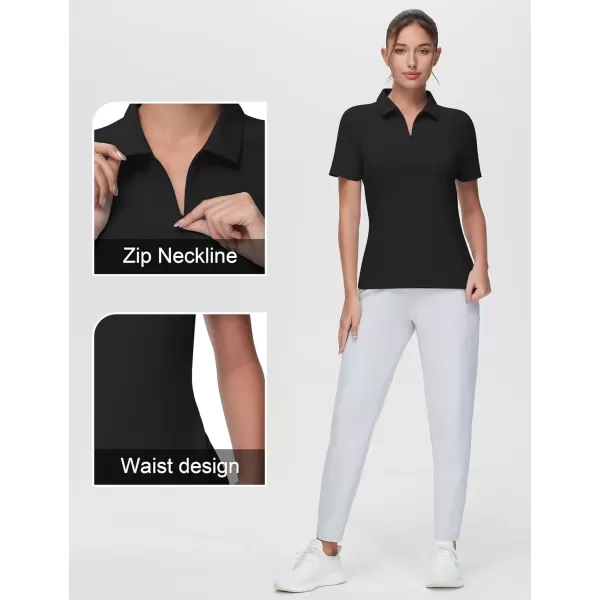 THE GYM PEOPLE Womens Slim Fit Polo Shirts Zip Up Lightweight Quick Dry Collared Golf Workout Tee TopsBlack