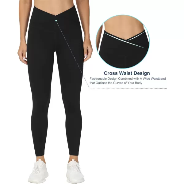 THE GYM PEOPLE Womens V Cross Waist Yoga Leggings with High Waisted Tummy ControlBlack