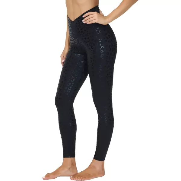 THE GYM PEOPLE Womens V Cross Waist Yoga Leggings with High Waisted Tummy ControlBlack Leopard