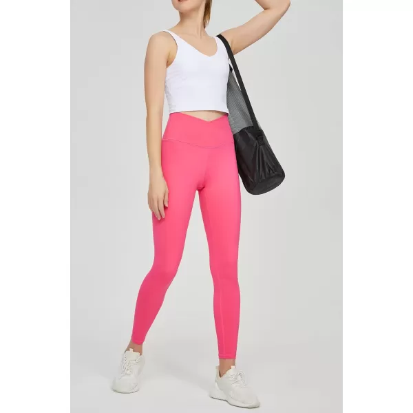 THE GYM PEOPLE Womens V Cross Waist Yoga Leggings with High Waisted Tummy ControlBright Pink