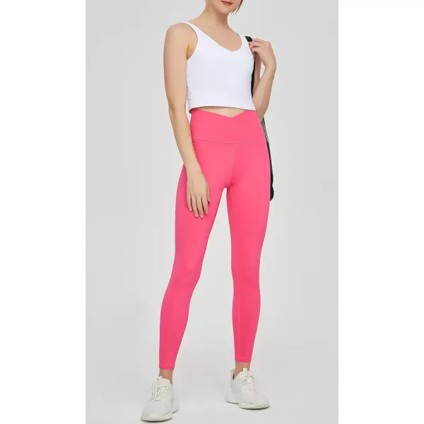 THE GYM PEOPLE Womens V Cross Waist Yoga Leggings with High Waisted Tummy ControlBright Pink