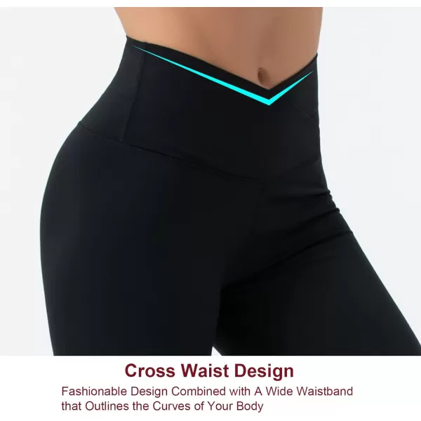 THE GYM PEOPLE Womens V Cross Waist Yoga Leggings with High Waisted Tummy ControlS Capris Black