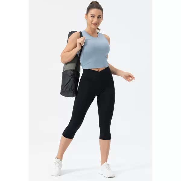 THE GYM PEOPLE Womens V Cross Waist Yoga Leggings with High Waisted Tummy ControlS Capris Black