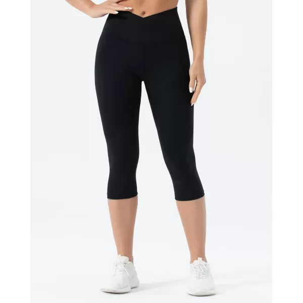 THE GYM PEOPLE Womens V Cross Waist Yoga Leggings with High Waisted Tummy ControlS Capris Black