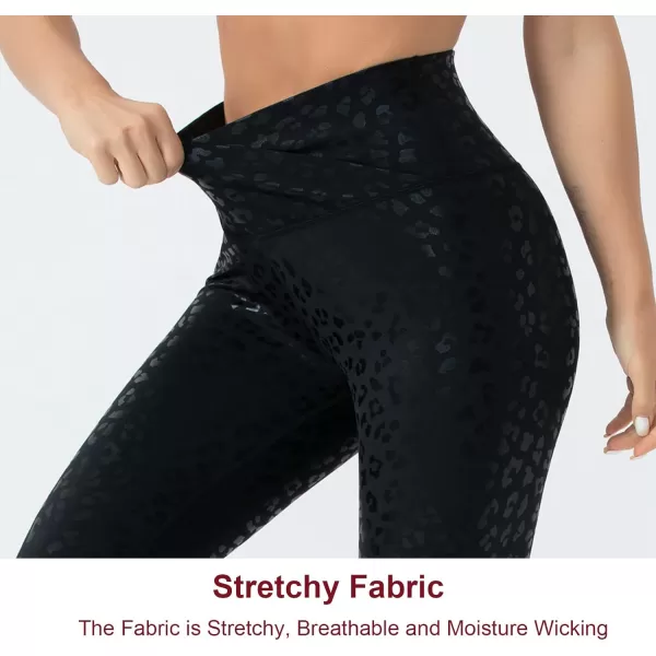 THE GYM PEOPLE Womens V Cross Waist Yoga Leggings with High Waisted Tummy ControlS Capris Black Leopard