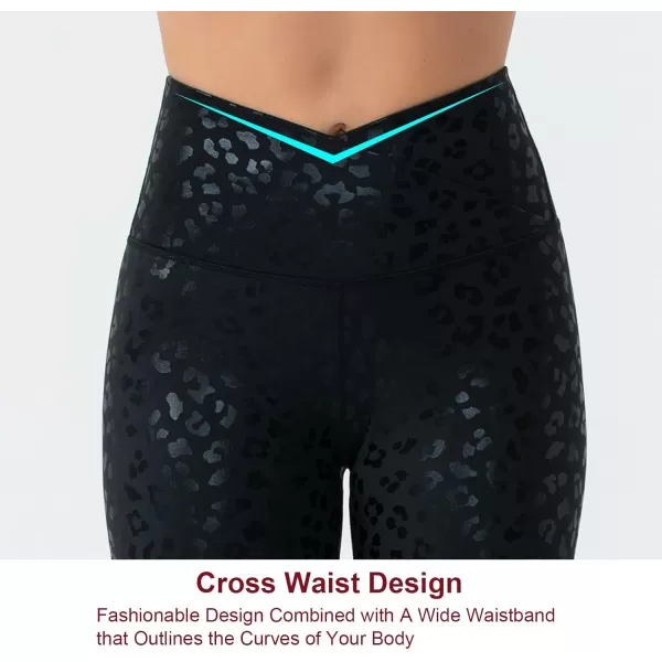 THE GYM PEOPLE Womens V Cross Waist Yoga Leggings with High Waisted Tummy ControlS Capris Black Leopard