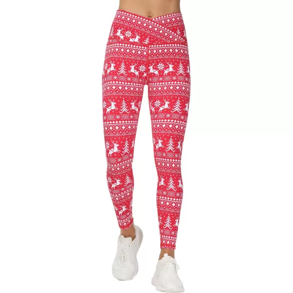 THE GYM PEOPLE Womens V Cross Waist Yoga Leggings with High Waisted Tummy ControlXmas Print Red