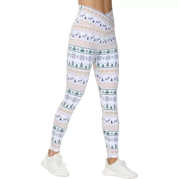 THE GYM PEOPLE Womens V Cross Waist Yoga Leggings with High Waisted Tummy ControlXmas Print White