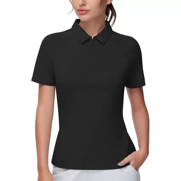 THE GYM PEOPLE Womens Slim Fit Polo Shirts Zip Up Lightweight Quick Dry Collared Golf Workout Tee TopsBlack