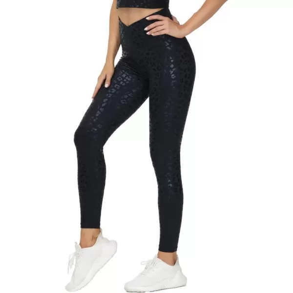 THE GYM PEOPLE Womens V Cross Waist Yoga Leggings with High Waisted Tummy ControlBlack Leopard