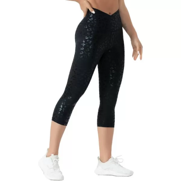 THE GYM PEOPLE Womens V Cross Waist Yoga Leggings with High Waisted Tummy ControlS Capris Black Leopard