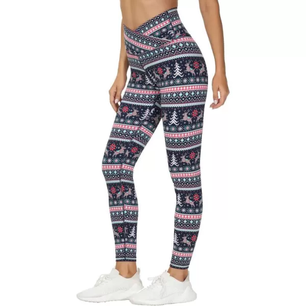THE GYM PEOPLE Womens V Cross Waist Yoga Leggings with High Waisted Tummy ControlXmas Print Blue