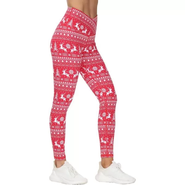 THE GYM PEOPLE Womens V Cross Waist Yoga Leggings with High Waisted Tummy ControlXmas Print Red