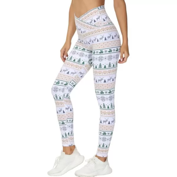 THE GYM PEOPLE Womens V Cross Waist Yoga Leggings with High Waisted Tummy ControlXmas Print White