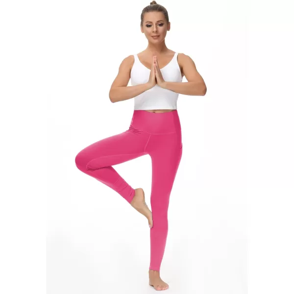 THE GYM PEOPLE Thick High Waist Yoga Pants with Pockets Tummy Control Workout Running Yoga Leggings for WomenBright Pink