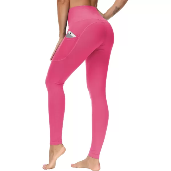 THE GYM PEOPLE Thick High Waist Yoga Pants with Pockets Tummy Control Workout Running Yoga Leggings for WomenBright Pink
