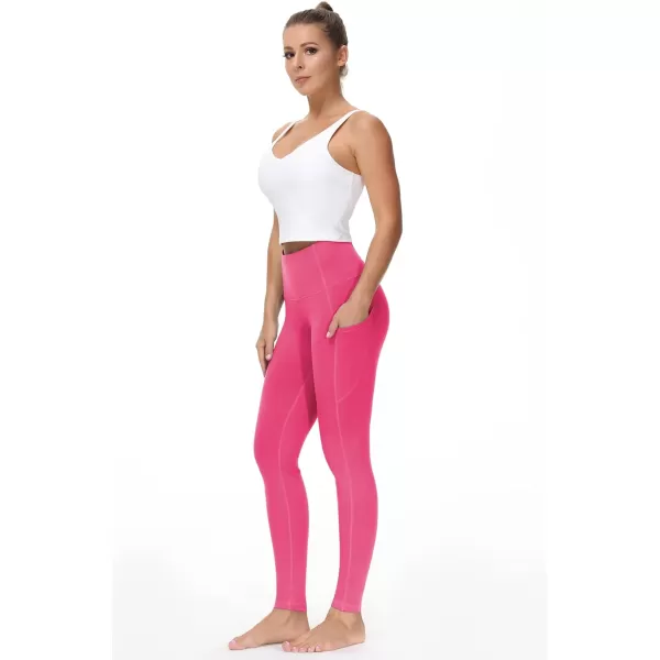 THE GYM PEOPLE Thick High Waist Yoga Pants with Pockets Tummy Control Workout Running Yoga Leggings for WomenBright Pink