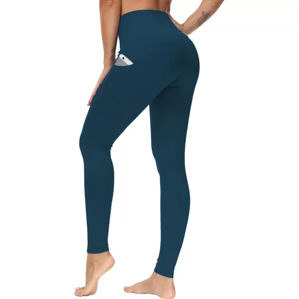 THE GYM PEOPLE Thick High Waist Yoga Pants with Pockets Tummy Control Workout Running Yoga Leggings for WomenDark Blue Green