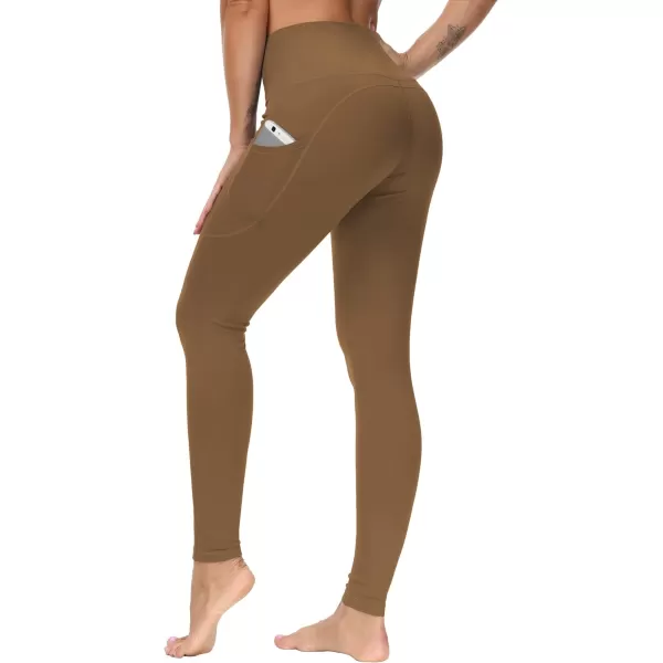 THE GYM PEOPLE Thick High Waist Yoga Pants with Pockets Tummy Control Workout Running Yoga Leggings for WomenDark Brown