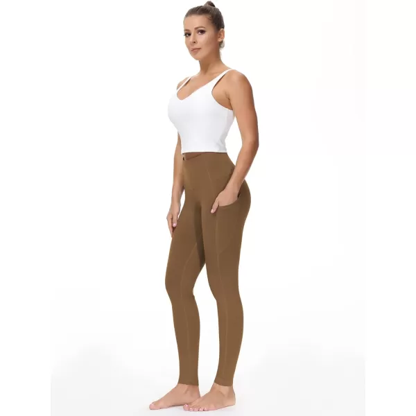 THE GYM PEOPLE Thick High Waist Yoga Pants with Pockets Tummy Control Workout Running Yoga Leggings for WomenDark Brown