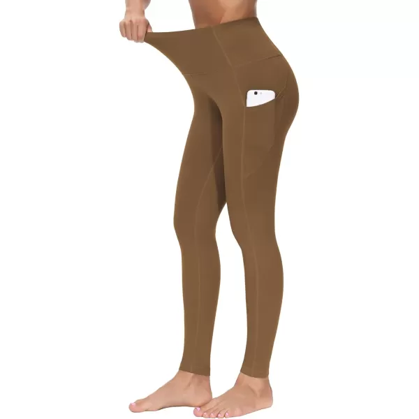 THE GYM PEOPLE Thick High Waist Yoga Pants with Pockets Tummy Control Workout Running Yoga Leggings for WomenDark Brown