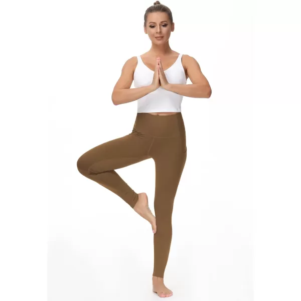 THE GYM PEOPLE Thick High Waist Yoga Pants with Pockets Tummy Control Workout Running Yoga Leggings for WomenDark Brown