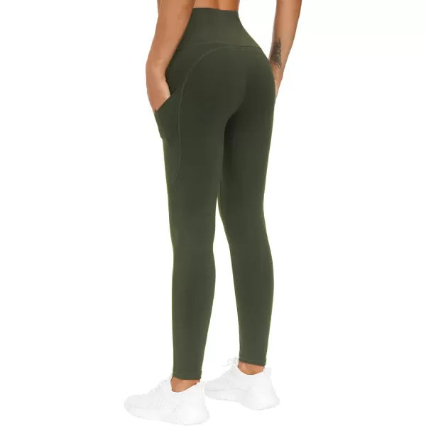 THE GYM PEOPLE Thick High Waist Yoga Pants with Pockets Tummy Control Workout Running Yoga Leggings for WomenDark Olive