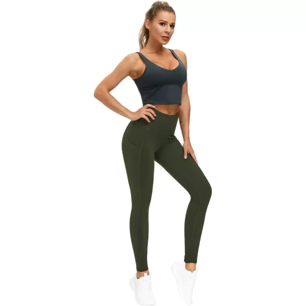 THE GYM PEOPLE Thick High Waist Yoga Pants with Pockets Tummy Control Workout Running Yoga Leggings for WomenDark Olive