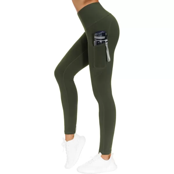 THE GYM PEOPLE Thick High Waist Yoga Pants with Pockets Tummy Control Workout Running Yoga Leggings for WomenDark Olive