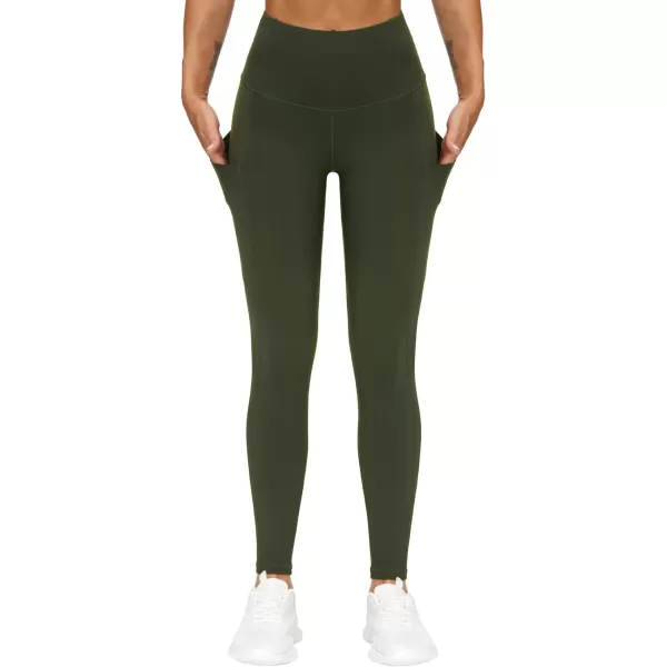 THE GYM PEOPLE Thick High Waist Yoga Pants with Pockets Tummy Control Workout Running Yoga Leggings for WomenDark Olive