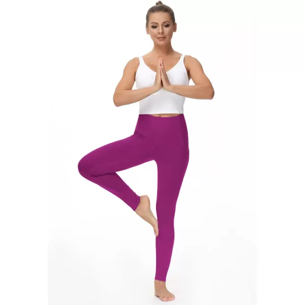 THE GYM PEOPLE Thick High Waist Yoga Pants with Pockets Tummy Control Workout Running Yoga Leggings for WomenFuchsia
