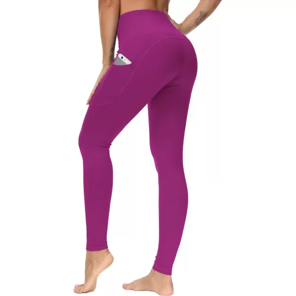 THE GYM PEOPLE Thick High Waist Yoga Pants with Pockets Tummy Control Workout Running Yoga Leggings for WomenFuchsia