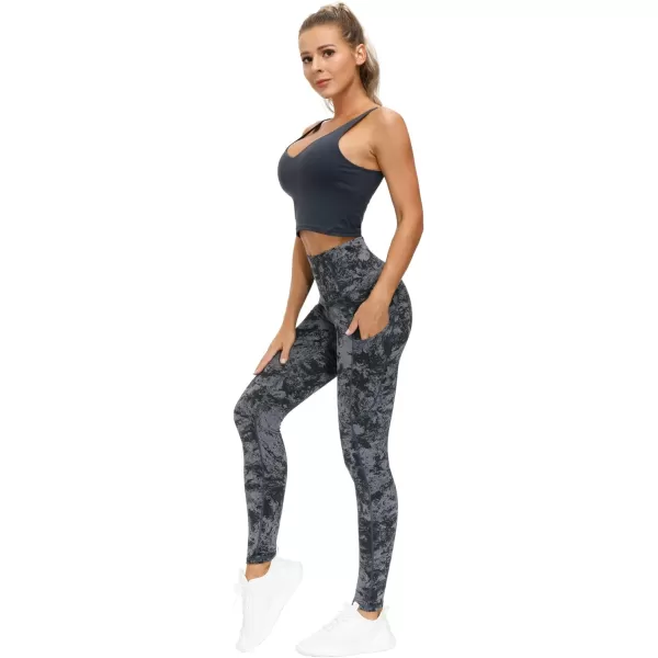 THE GYM PEOPLE Thick High Waist Yoga Pants with Pockets Tummy Control Workout Running Yoga Leggings for WomenGray Marble