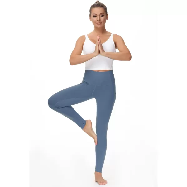 THE GYM PEOPLE Thick High Waist Yoga Pants with Pockets Tummy Control Workout Running Yoga Leggings for WomenGrey Blue