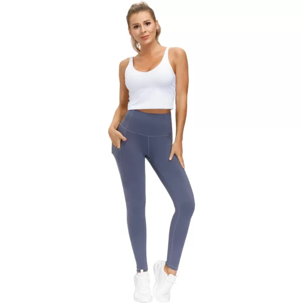 THE GYM PEOPLE Thick High Waist Yoga Pants with Pockets Tummy Control Workout Running Yoga Leggings for WomenInk Blue