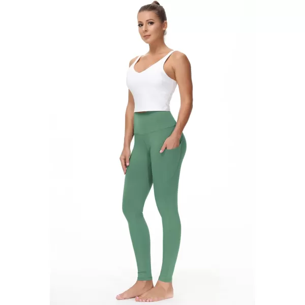 THE GYM PEOPLE Thick High Waist Yoga Pants with Pockets Tummy Control Workout Running Yoga Leggings for WomenLight Green