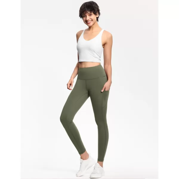 THE GYM PEOPLE Thick High Waist Yoga Pants with Pockets Tummy Control Workout Running Yoga Leggings for WomenOlive Green