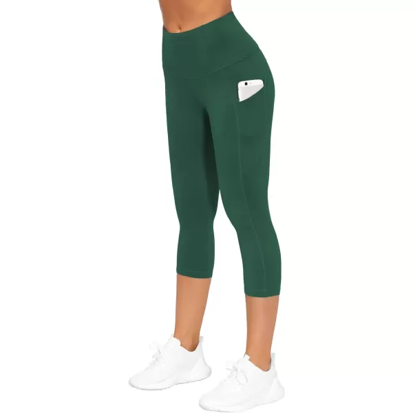 THE GYM PEOPLE Thick High Waist Yoga Pants with Pockets Tummy Control Workout Running Yoga Leggings for WomenZ Capris Dark Green