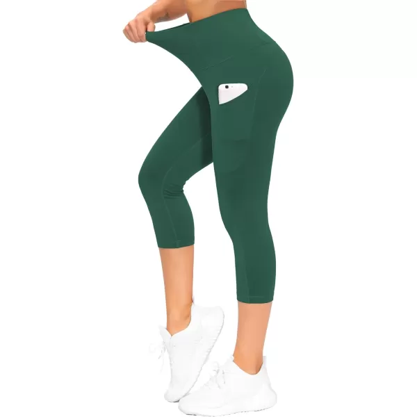THE GYM PEOPLE Thick High Waist Yoga Pants with Pockets Tummy Control Workout Running Yoga Leggings for WomenZ Capris Dark Green