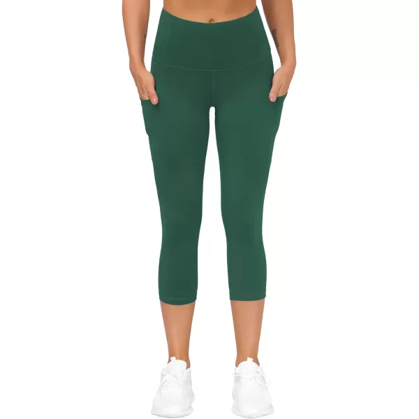 THE GYM PEOPLE Thick High Waist Yoga Pants with Pockets Tummy Control Workout Running Yoga Leggings for WomenZ Capris Dark Green