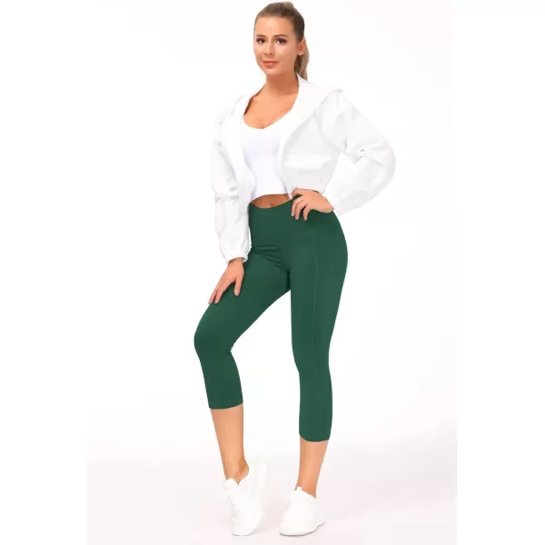 THE GYM PEOPLE Thick High Waist Yoga Pants with Pockets Tummy Control Workout Running Yoga Leggings for WomenZ Capris Dark Green