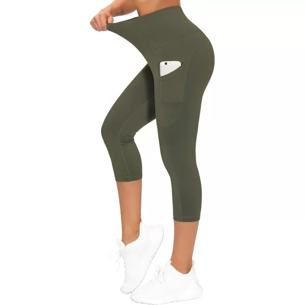 THE GYM PEOPLE Thick High Waist Yoga Pants with Pockets Tummy Control Workout Running Yoga Leggings for WomenZcapris Olive Green