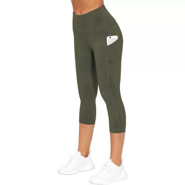 THE GYM PEOPLE Thick High Waist Yoga Pants with Pockets Tummy Control Workout Running Yoga Leggings for WomenZcapris Olive Green