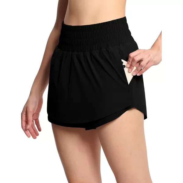 THE GYM PEOPLE Womens Athletic Shorts Elastic Waisted Quick Dry Ruffle Tennis Workout Skorts with Mesh Liner Zip PocketsBlack