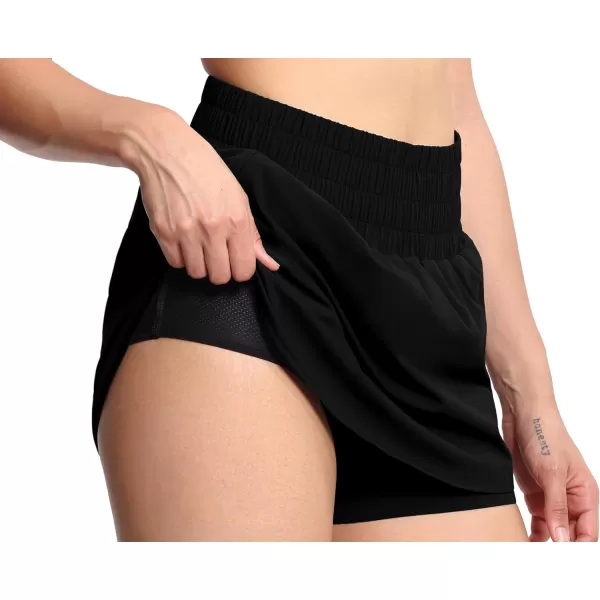 THE GYM PEOPLE Womens Athletic Shorts Elastic Waisted Quick Dry Ruffle Tennis Workout Skorts with Mesh Liner Zip PocketsBlack