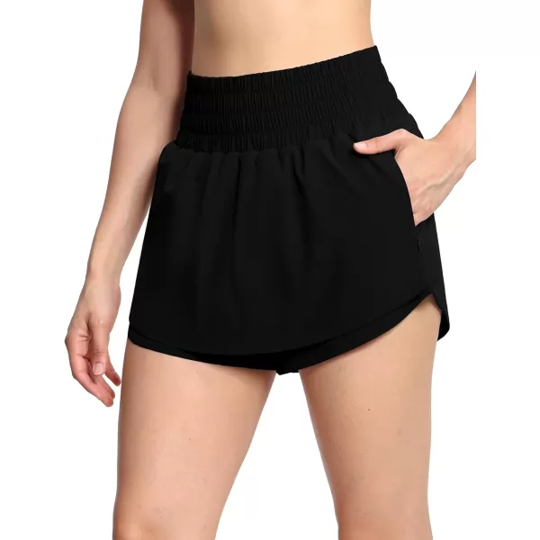 THE GYM PEOPLE Womens Athletic Shorts Elastic Waisted Quick Dry Ruffle Tennis Workout Skorts with Mesh Liner Zip PocketsBlack