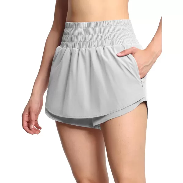 THE GYM PEOPLE Womens Athletic Shorts Elastic Waisted Quick Dry Ruffle Tennis Workout Skorts with Mesh Liner Zip PocketsBright Grey